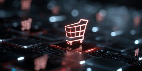 Leinwandbilder - Digital Shopping Experience with Virtual Cart Icon on Futuristic Circuit Background for E-commerce and Technology Themes