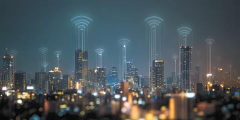 Poster - Urban Smart City Technology Illustration with Wireless Signals and Wi-Fi Connectivity in a Vibrant Nightscape Over a Modern Skyline