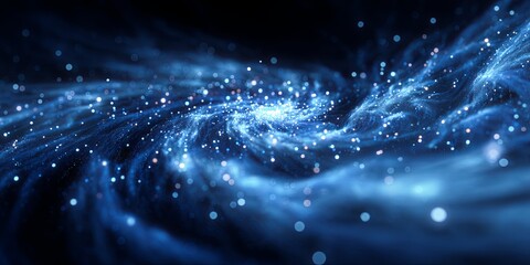 Leinwandbilder - Abstract swirling particles in deep blue tones, creating a sense of depth, motion, and vibrancy, suitable for digital art or technology backgrounds