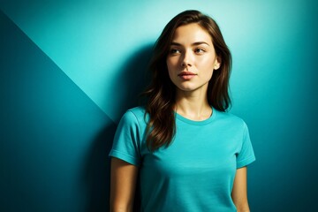 Poster - Young woman in turquoise shirt standing against geometric teal background with soft light and thoughtful expression. Ai generative.