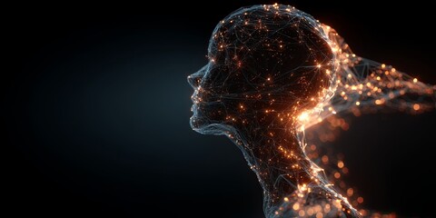 Aufkleber - Abstract Representation of Artificial Intelligence Concept with Neon Head Silhouette and Sparkling Connections in Dark Background