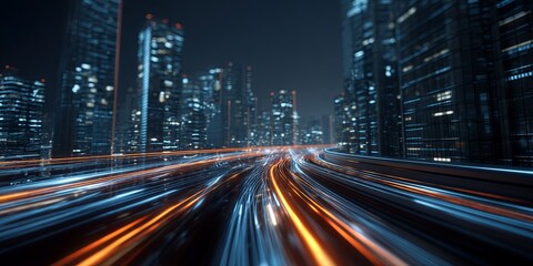 Poster - Futuristic Data Stream Concept Illustrating Flowing Digital Information Over Tall Urban Structures in a Night Scene with Blue and Orange Lights
