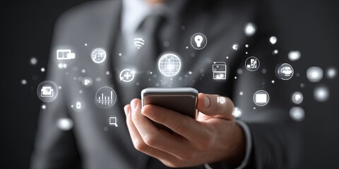 Fototapete - Modern Businessman Using Smartphone for Digital Communication and Data Management with Technology Icons Illustrating Connectivity and Innovation