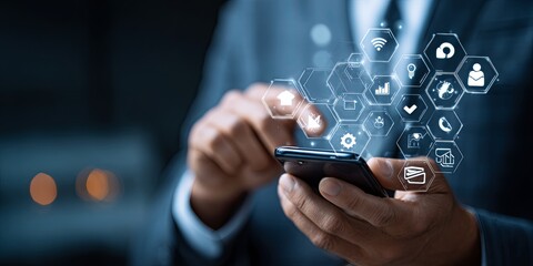 Fototapete - Modern Businessman Using Smartphone for Digital Communication and Data Management with Technology Icons Illustrating Connectivity and Innovation