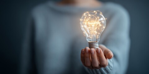Aufkleber - Business concept of innovation and ideas with woman holding light bulb symbolizing creativity in finance and investment strategy with notes and coins
