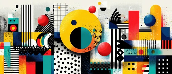 Poster - Vibrant geometric abstract art with bold shapes and playful patterns in a modern collage style, creating a dynamic and eyecatching background