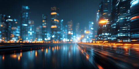 Poster - Futuristic Cityscape at Night with Vibrant Lights and Technology Elements, Ideal for Urban and Digital Themes