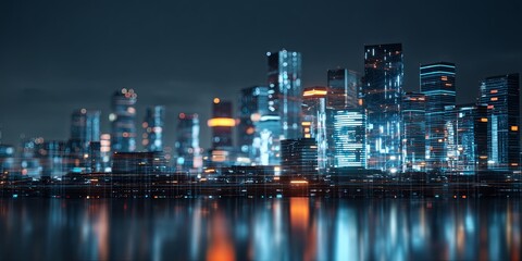Poster - Futuristic city skyline at night with glowing skyscrapers and digital connectivity visual, showcasing urban technology and innovation in modern architecture