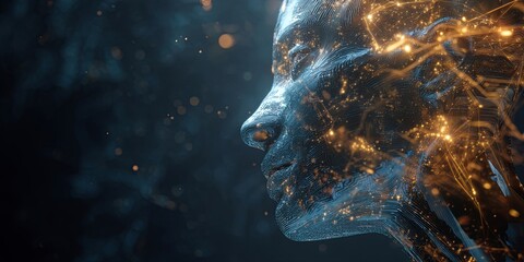 Aufkleber - Futuristic Human-like Head with Digital Interface and Abstract Background for Artificial Intelligence and Technology Concepts