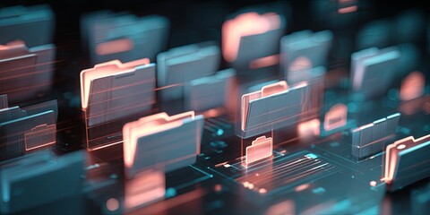 Aufkleber - Abstract representation of data storage with digital folder icons and holographic elements conveying technology and information sharing concepts