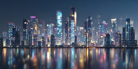 Aufkleber - Futuristic City Skyline with Vibrant Lights and Colorful Patterns at Dusk, Showcasing Urban Landscape, Technology, and Innovation in Contemporary Architecture