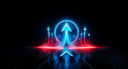 Poster - glowing neon blue and red arrows ascend towards a central, bright circle, signifying growth and upwa