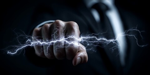 Leinwandbilder - Dynamic Businessman Exuding Energy with Electric Lightning Effects in a Creative Concept Featuring Bold Hand Gesture in a Dark Environment