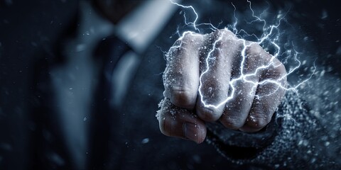 Leinwandbilder - Dynamic Businessman Exuding Energy with Electric Lightning Effects in a Creative Concept Featuring Bold Hand Gesture in a Dark Environment