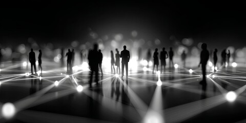Poster - Silhouettes of Diverse People Connected by a Web of Light Representing Networking, Community, Collaboration, and Social Interaction in Digital Age