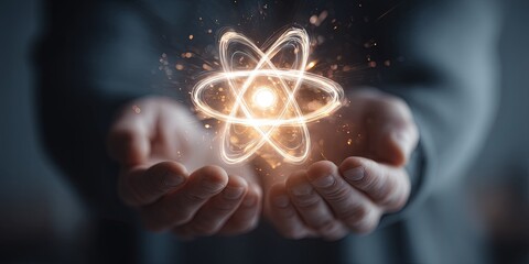 Leinwandbilder - Hands Releasing a Glowing Atom Symbolizing Energy, Science, and Innovation Against a Dark Background of Light Rays and Particles