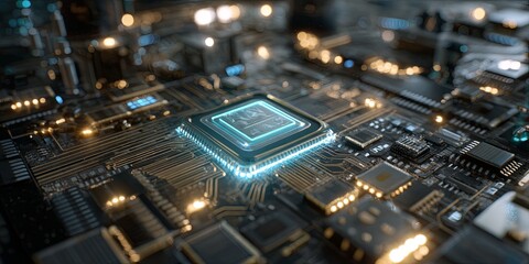 Aufkleber - Futuristic Circuit Board with AI Chip Surrounded by Glowing Connections and Electronic Components in a Dark Environment