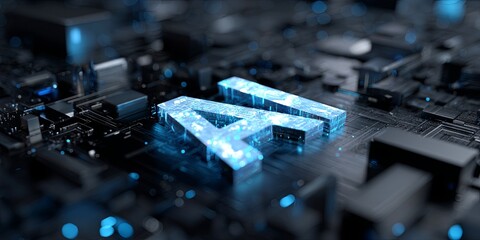 Aufkleber - Futuristic blue illuminated AI letters on an intricate microchip background showcasing technology and innovation in artificial intelligence