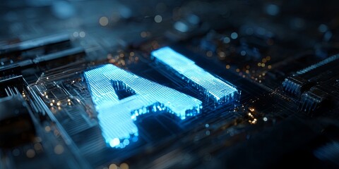Aufkleber - Futuristic blue illuminated AI letters on an intricate microchip background showcasing technology and innovation in artificial intelligence