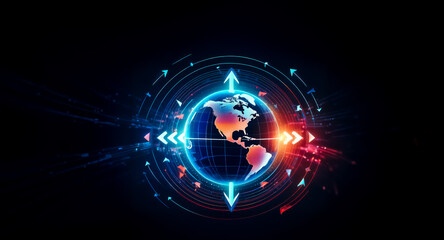 Aufkleber - A glowing digital Earth encircled by arrows and energy streams, symbolizing global connectivity and technological advancement.  Hints of red and blue energy create a powerful visual.