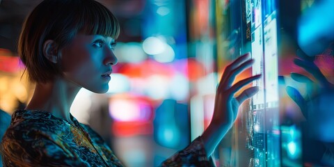 Aufkleber - Young woman interacting with futuristic digital display, exploring technology innovation in modern space through glass interface with vibrant colors