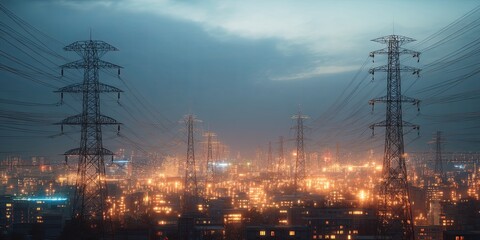 Fototapete - Futuristic Power Grid with High Voltage Transmission Lines and Bright Lights in a Vibrant Urban Landscape at Dusk