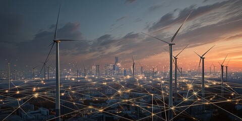 Fototapete - Futuristic Energy Landscape Featuring Wind Turbines and Solar Panels with Networking Technology in a Modern Urban Setting at Dusk