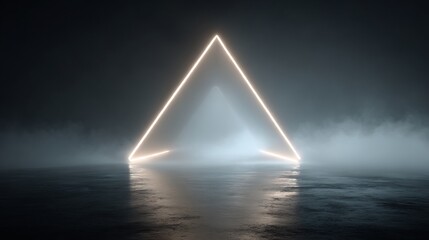 Poster - Mystical glowing triangle in fog reflecting on a dark wet surface