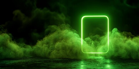 Aufkleber - Neon Information Icon in Green Light with Smoke Background, Digital Aesthetic Visual for Technology and Communication Themes