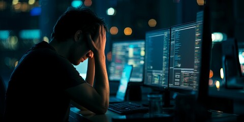Poster - Frustrated Programmer Struggling with Complex Code on Multiple Computer Screens in a Dark Office Environment During Nighttime Work Hours