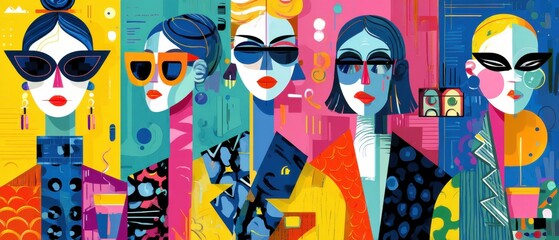 Poster - Stylish women wearing sunglasses in vibrant abstract portrait with bold colors and geometric shapes Concept of fashion, art, and modern design