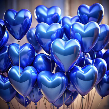 Heart-Shaped Indigo Balloons Floating in the Air