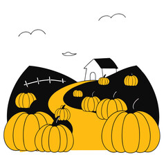 halloween pumpkin patch with house and path illustration and copy space