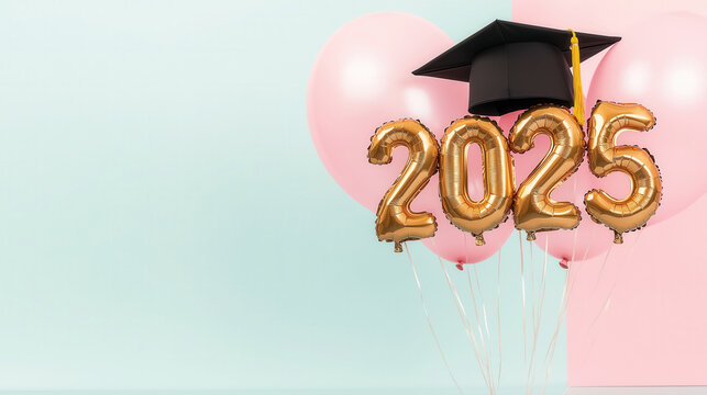 Graduation theme with a black academic cap and golden foil number balloons 2025