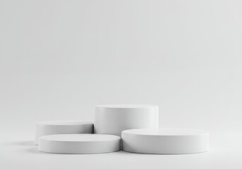 Poster - Four white cylinder podiums arranged in a staggered display against a clean, bright white background for product presentation