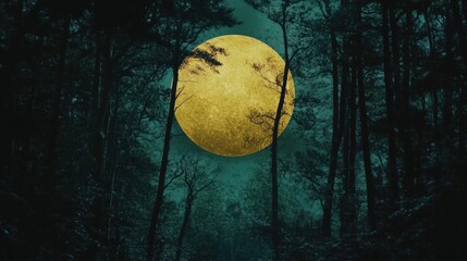 Wall Mural - haunted forest illuminated by a large, haunting moon.