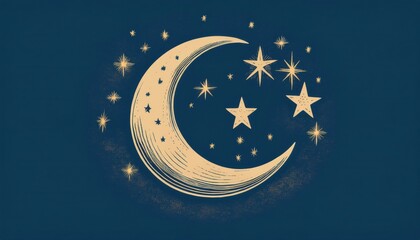 Poster -  gold crescent moon with glowing stars on dark blue sky background for ramadan theme, perfect for web design, print, or spiritual branding