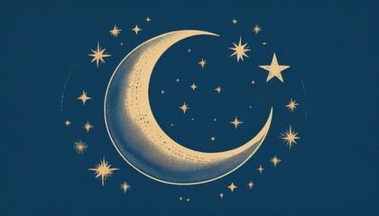 Poster -  gold crescent moon with glowing stars on dark blue sky background for ramadan theme, perfect for web design, print, or spiritual branding