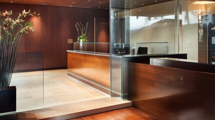 Poster - A high-end hotel reception with glass walls, polished wood surfaces, and sleek modern furniture, creating a contemporary and inviting space for guests to start their stay.