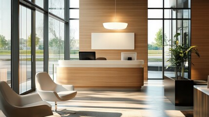 Poster - A high-end hotel reception with glass walls, polished wood surfaces, and sleek modern furniture, creating a contemporary and inviting space for guests to start their stay.