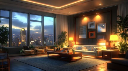 Poster - A highly detailed 3D interior design of a modern living room, showcasing furniture, textures, and lighting effects in realistic detail.