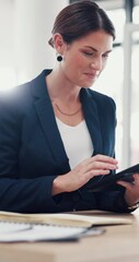 Poster - Business, smile and woman in office, tablet and online reading for budget report. Person, accounting and investor in workplace, tech or internet with financial proposal, email for feedback or economy