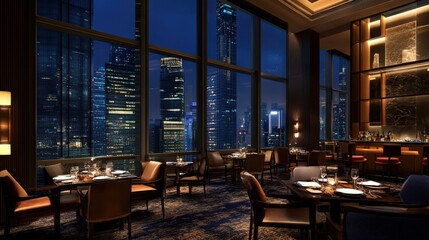 Poster - A high-rise hotel building with panoramic windows, offering guests unparalleled views of the city skyline, making it a perfect spot for business or leisure