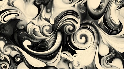 Poster - A hypnotic ink-in-water fluid background with black and white swirls expanding and twisting into artistic patterns