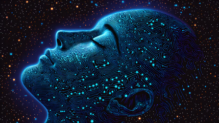 Poster - Mindscape: The image shows a glowing representation of a human face merged with a network of circuits and stars, symbolizing the vastness of the human mind and its connection to the cosmos.