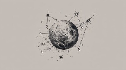 Poster - Celestial drawing of a planet and stars.