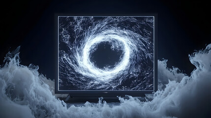 Poster - Portal of the Unknown: A mesmerizing visualization of a portal, swirling with energy and surrounded by ethereal clouds, framed within a display, exploring concepts of mystery, innovation.