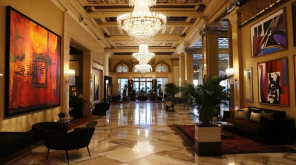 Poster - luxury hotel building with a grand lobby, featuring marble floors, crystal chandeliers, and contemporary artwork adorning the walls.
