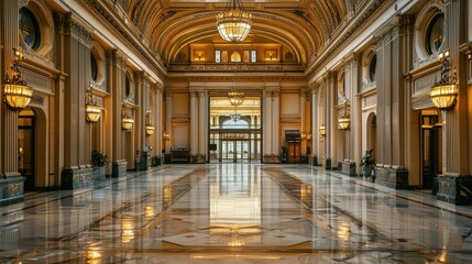 Poster - luxury hotel building with a grand lobby, featuring marble floors, crystal chandeliers, and contemporary artwork adorning the walls.