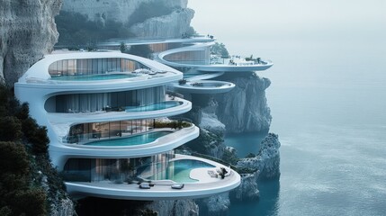 Poster - luxury hotel with a unique design, featuring a series of floating levels connected by glass bridges, offering an innovative and futuristic look